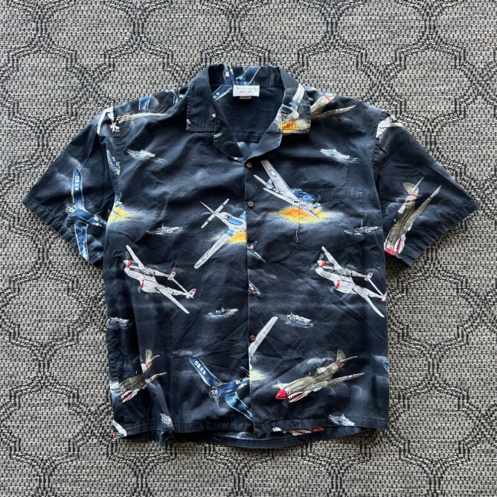 Vintage Pacific Legend Shirt Mens 2XL Black WWII Warbird Button Plane Hawaiian